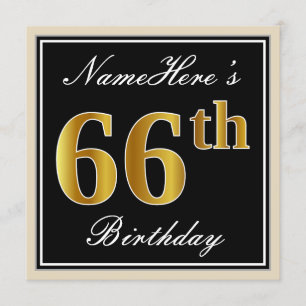 Convite Elegante, Preto, Faux Dourado 66º Aniversário + 