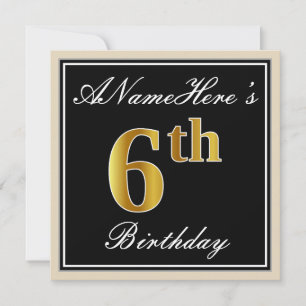 Convite Elegante, Preto, Faux Dourado 6 Aniversário + Nome