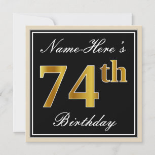 Convite Elegante, Preto, Faux Dourado 74.º Aniversário + N