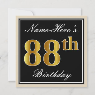 Convite Elegante, Preto, Faux Dourado 88º Aniversário + No