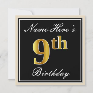 Convite Elegante, Preto, Faux Dourado 9º Aniversário + N