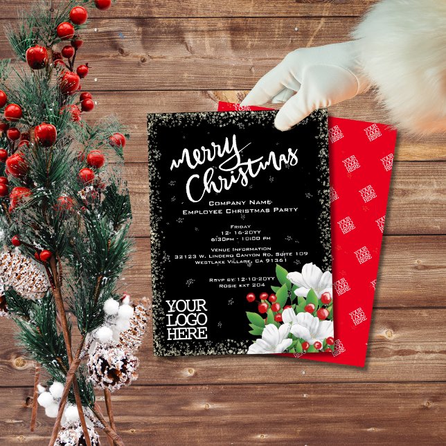 Convite Elegante Preto |Floral de Bagas de Neve Natal Bran (Criador carregado)