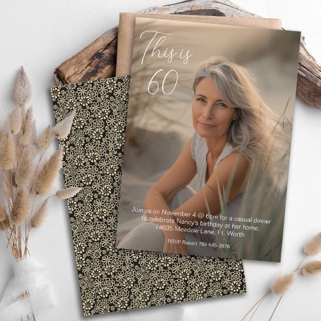 Convite Elegante Preto Floral Sem Branco Foto 60 Aniversár (Criador carregado)