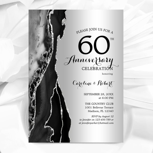 Convite Elegante Preto Prata 60º Aniversário (Criador carregado)