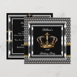 Convite Elegante Preto Prata Aniversário Príncipe Rei Home