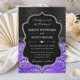 Convite Elegante Preto Prata Roxo Floral Brilho Casamento