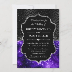 Convite Elegante Preto Prata Roxo Galáxia Brilho Casamento