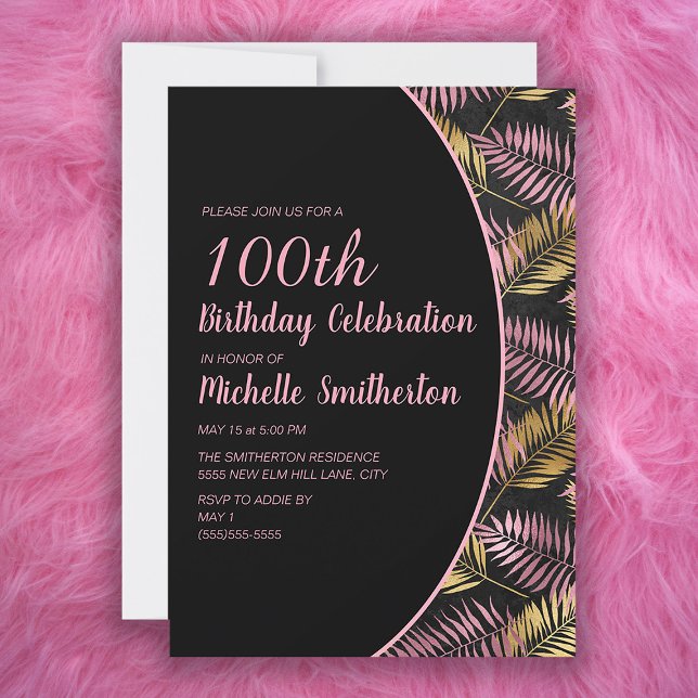 Convite Elegante Preto Rosa Dourado 100º Aniversário (Criador carregado)
