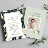 Elegante Preto Verde Dourado Floral Menina Batismo