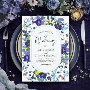 Convite Elegante primavera poeira azul roxo floral casamen