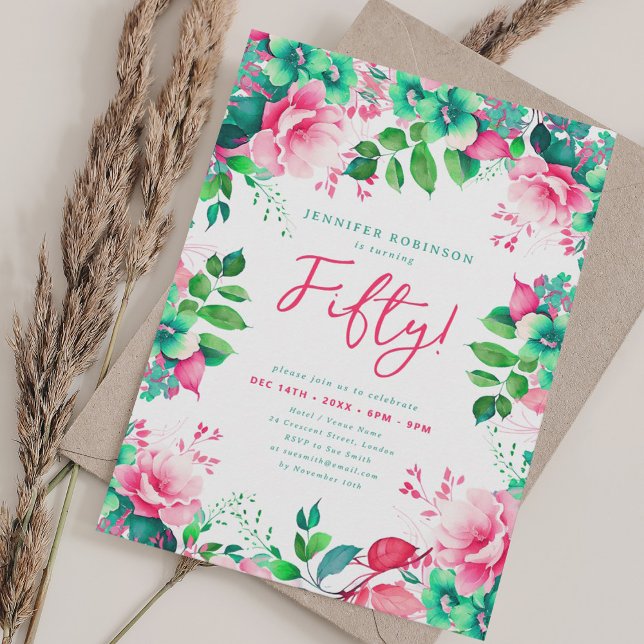 Convite Elegante Primavera Watercolor Floral 50 Aniversári (Elegant Spring Watercolor Floral 50 Birthday Invitation)