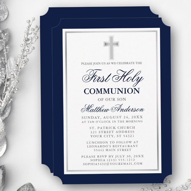 Convite Elegante Primeira Comunhão Azul e Prata (Customize to change text size, style, color or to add more text or photos to back of card.)