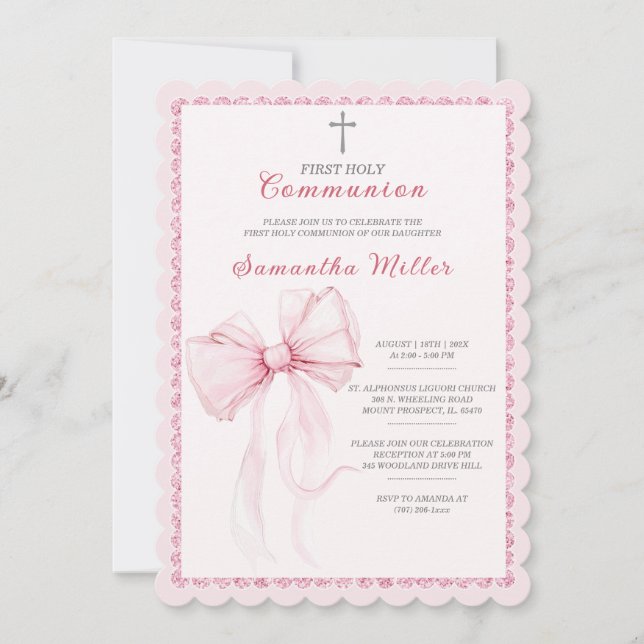 Convite Elegante Primeira Comunhão Rosa para Meninas (Frente)