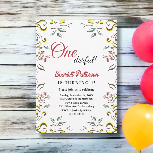 Convite Elegante primeiro aniversario Floral de Cores Aquá (Criador carregado)