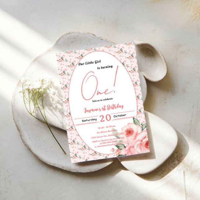 Convite Elegante primeiro aniversario Rosa Rosa Cor-de-Águ (Criador carregado)