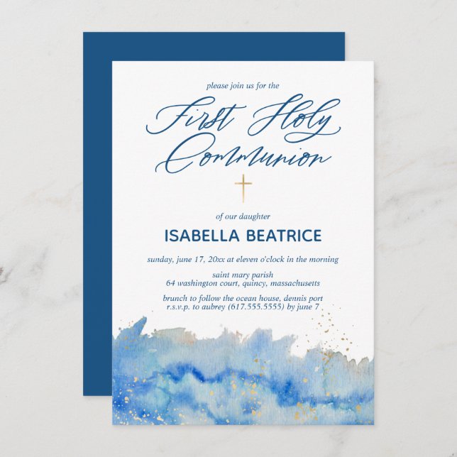 Convite Elegante Primeiro Convidado de Comunhão (Frente/Verso)