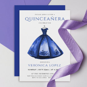 Convite Elegante Princesa Azul Vestido Quinceañera Aquarel