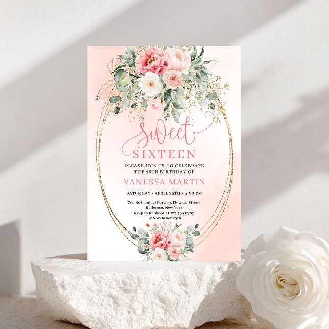 Convite Elegante Princesa Blush Floral Sweet Sixte (Elegant Princess Blush Floral Sweet Sixteen Invite)