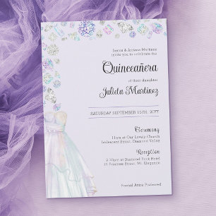 Convite Elegante Princesa de Diamantes Quinceanera e Missa