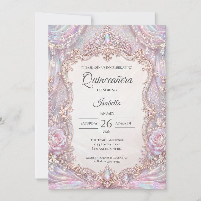Convite Elegante Princesa Iridescente Quinceañera (Frente)