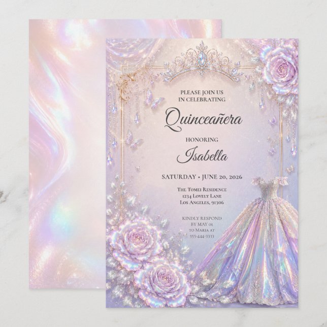 Convite Elegante Princesa Iridescente Quinceañera (Frente/Verso)
