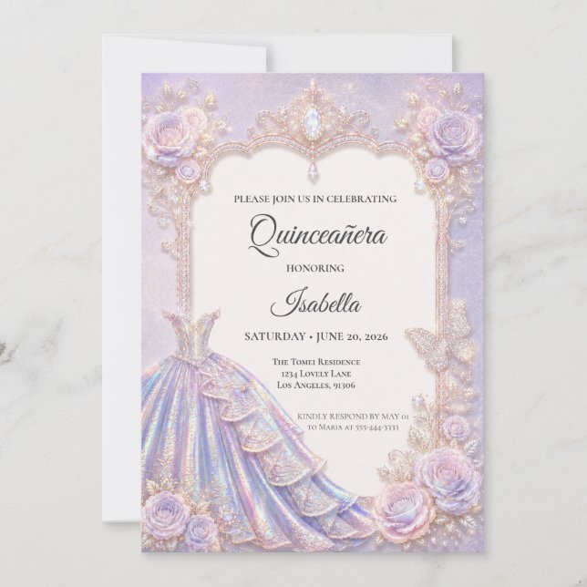 Convite Elegante Princesa Iridescente Quinceañera (Frente)
