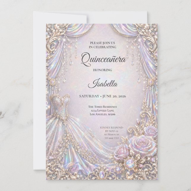 Convite Elegante Princesa Iridescente Quinceañera (Frente)