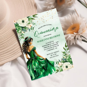 Convite Elegante Princesa Quinceañera Floral Verde