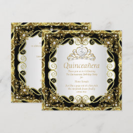 Convite Elegante Princesa Quinceanera Pérola Dourada Preta
