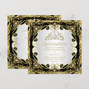 Convite Elegante Princesa Quinceanera Pérola Dourada Preta