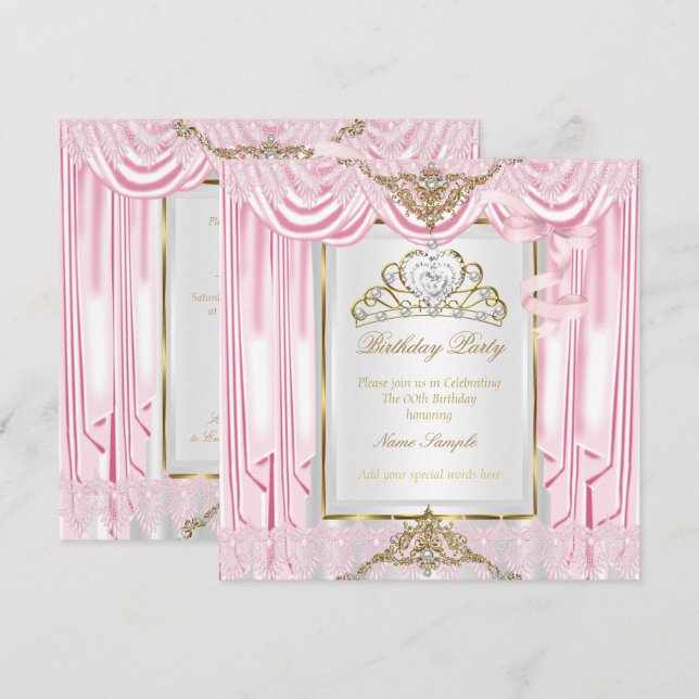 Convite Elegante Princesa Rosa Dourado Branco Festa de Ani (Frente/Verso)