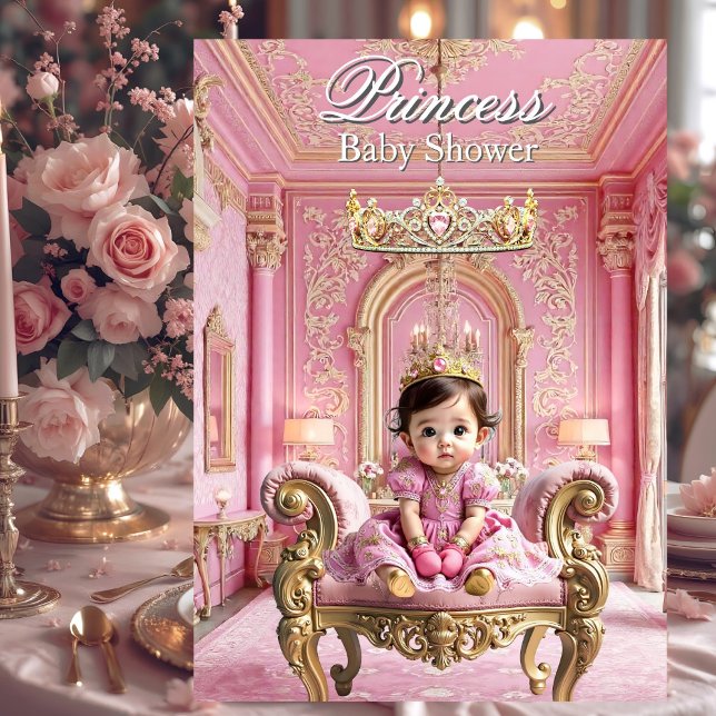 Convite Elegante Princesa Rosa Dourado Churrasco do Bebê P (Criador carregado)