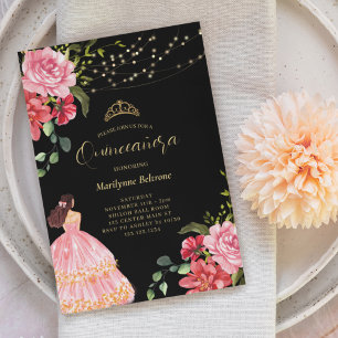 Convite Elegante Princesa Rosa Floral Quinceañera