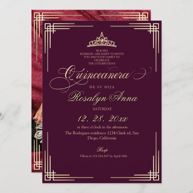 Convite Elegante Princesa Rosa Quinceañera  (Frente/Verso)