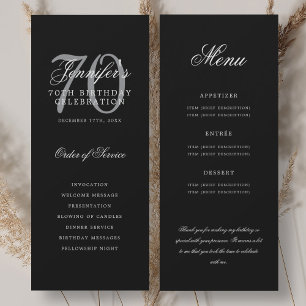 Convite Elegante Programa de 70º Preto Prata Menu+Agradeci