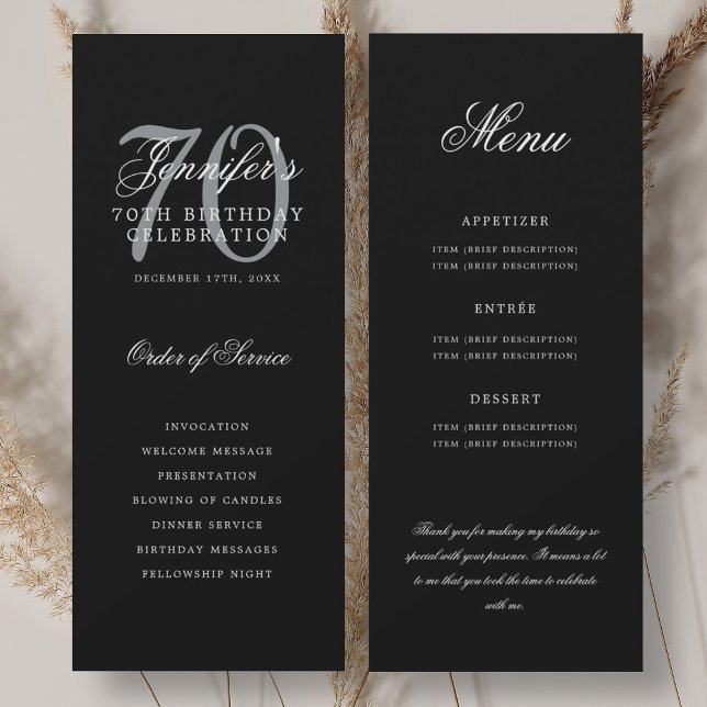 Convite Elegante Programa de 70º Preto Prata Menu+Agradeci (Elegant 70th Program Black Silver Menu+Thank You)