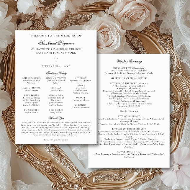 Convite Elegante Programa de Massas Casernas Católicas par (This elegant, downloadable Catholic wedding program features the text for a full nuptial Mass.)