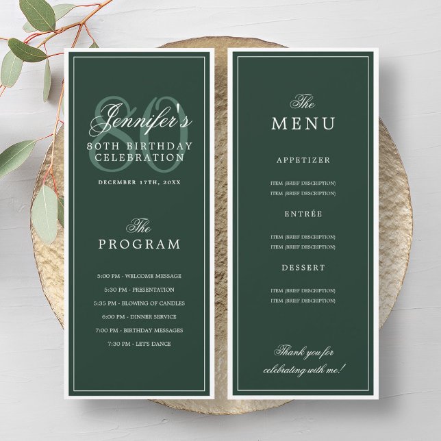 Convite Elegante programa de menu de festa de 80 anos verd (Elegant 80th Birthday Party Program Menu Green )