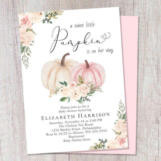 Convite Elegante Pumpkin Rosa Floral Chá (Celebrate the upcoming arrival of your sweet little autumn baby with a pumpkin-themed baby shower)