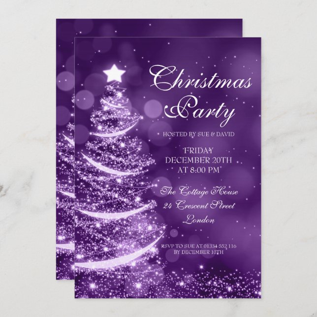 Convite Elegante Purple Christmas Party Sparkle (Frente/Verso)