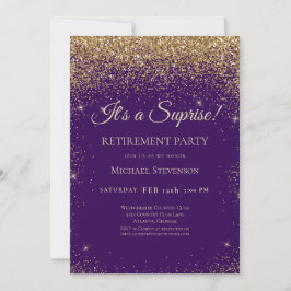 Convite Elegante Purple Dourado Surprise Retirement Party