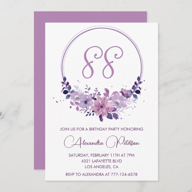 Convite Elegante Purple Floral 88 anos (Frente/Verso)