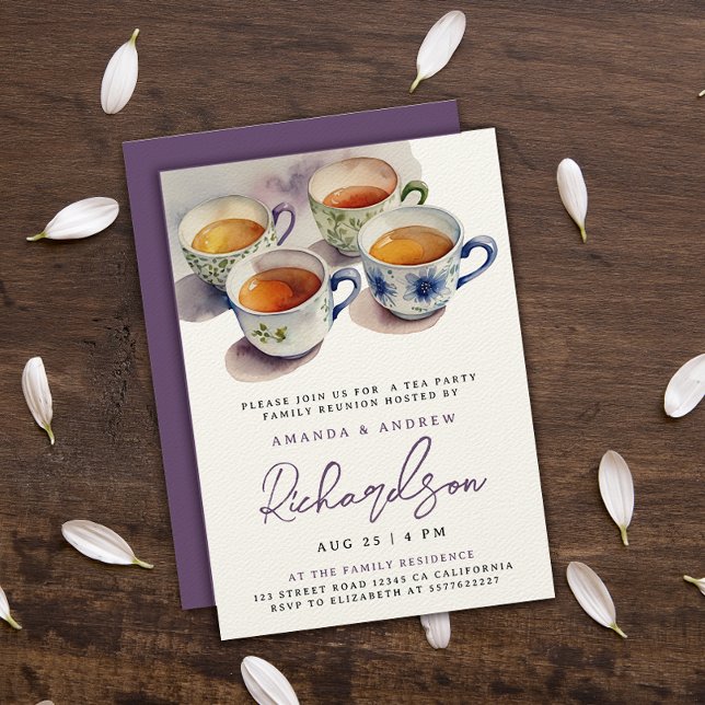 Convite Elegante Purple Script Tea Party Reunion Watercolo (Criador carregado)