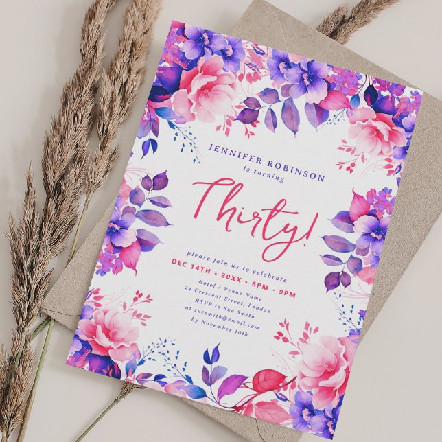 Convite Elegante Purple Watercolor aniversário de 30 anos  (Elegant Purple Watercolor Floral 30th Birthday Invitation)