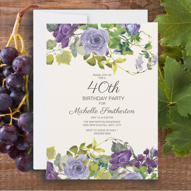 Convite Elegante Purple Watercolor aniversário de 40 anos  (Elegant purple watercolor floral 40th birthday party invitation for women)