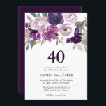 Convite Elegante Purple Watercolor aniversário de 40 anos<br><div class="desc">Convite para aniversário de 40 anos Floral de Aquarela Puro Elegante Ver coleção correspondente em Niche e Nest Store</div>
