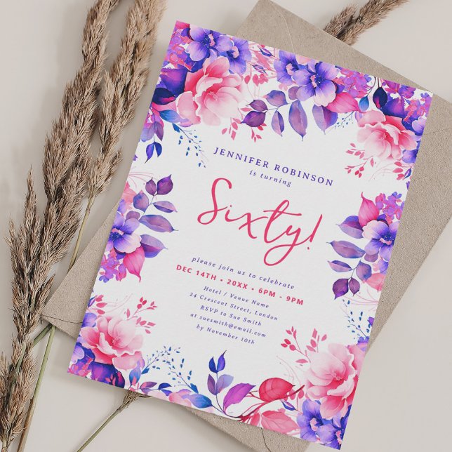 Convite Elegante Purple Watercolor Floral 60º Aniversário (Elegant Purple Watercolor Floral 60th Birthday Invitation)