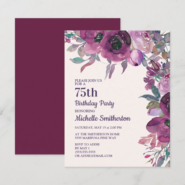 Convite Elegante Purple Watercolor Floral 75º Aniversário (Frente/Verso)