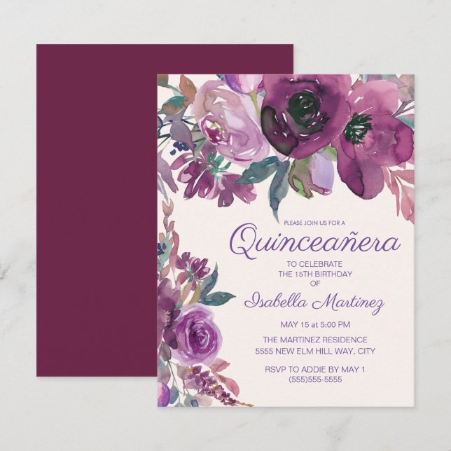 Convite Elegante Purple Watercolor Floral Quinceañera 15 (Frente/Verso)