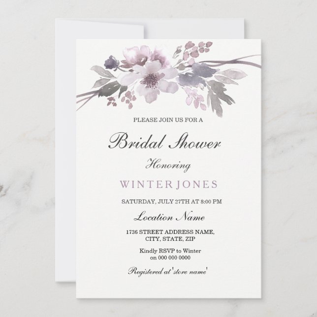 Convite Elegante Purple Winter Floral Chá de panela Invite (Frente)